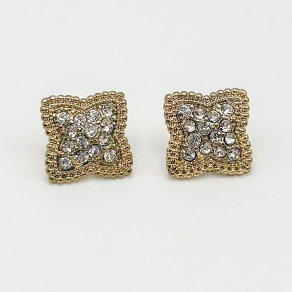 Vintage Monet Gold Tone Clear Rhinestone Square Post Earrings Signed